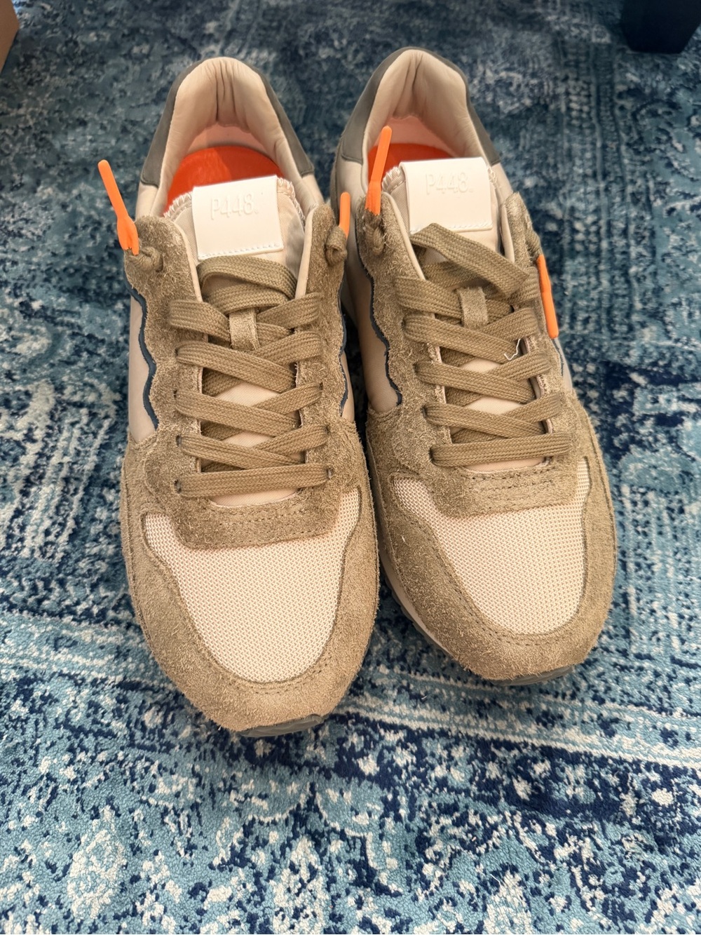 P448 Men's Olive Beige Sneakers with Orange Accents